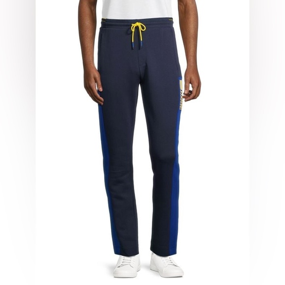 BOSS HUGO BOSS Side Striped Logo Pants Navy Blue/Yellow Size L NEW - Picture 2 of 5